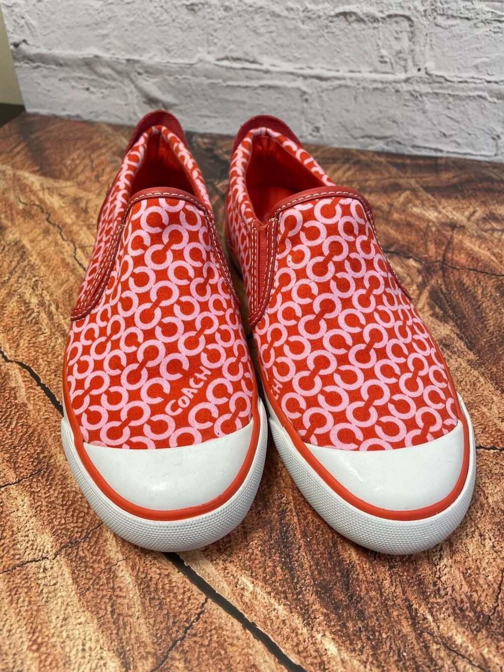 Coach Beale Signature Slip-On Sneakers Red Pink Canvas Shoes